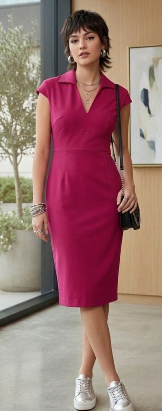 Glamour Bunny "Emma" Berry Pink Mod Collared Bodycon Midi Pencil Dress